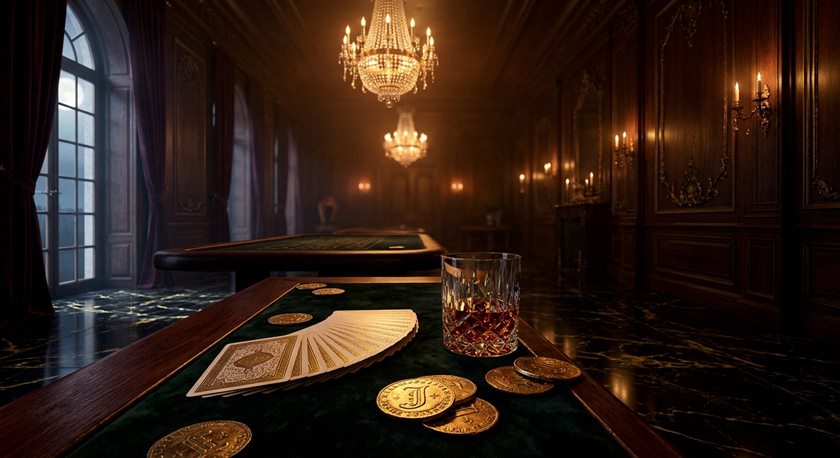 Casino gaming interface with cards and chips on table